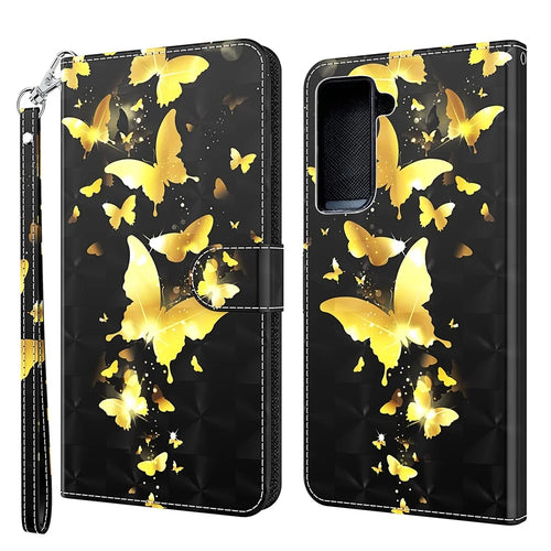 Light Spot Decor Pattern Printing Wallet Stand Leather Phone Casing with Strap for Samsung Galaxy S21+ 5G - Gold Butterfly - 1