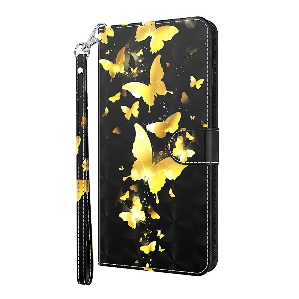 Light Spot Decor Pattern Printing Wallet Stand Leather Phone Casing with Strap for Samsung Galaxy S21+ 5G - Gold Butterfly - 2