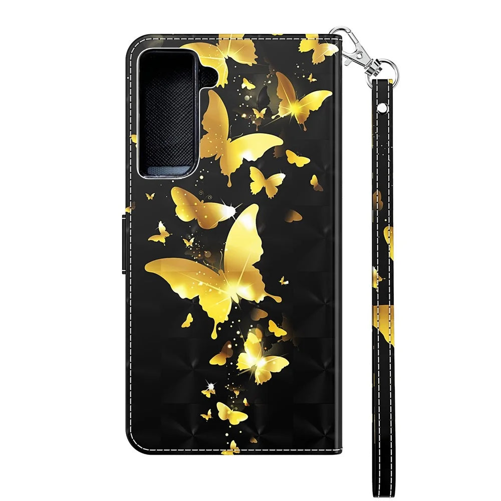 Light Spot Decor Pattern Printing Wallet Stand Leather Phone Casing with Strap for Samsung Galaxy S21+ 5G - Gold Butterfly - 3