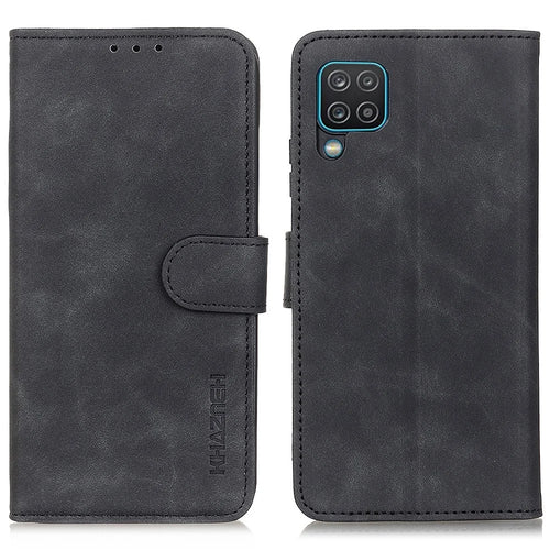 KHAZNEH Vintage Style Leather Case for Samsung Galaxy A12, Stand Feature Wallet Flip Fold Protective Cover - Black - 1