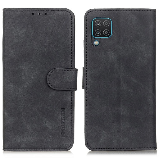 KHAZNEH Vintage Style Leather Case for Samsung Galaxy A12, Stand Feature Wallet Flip Fold Protective Cover - Black - 1