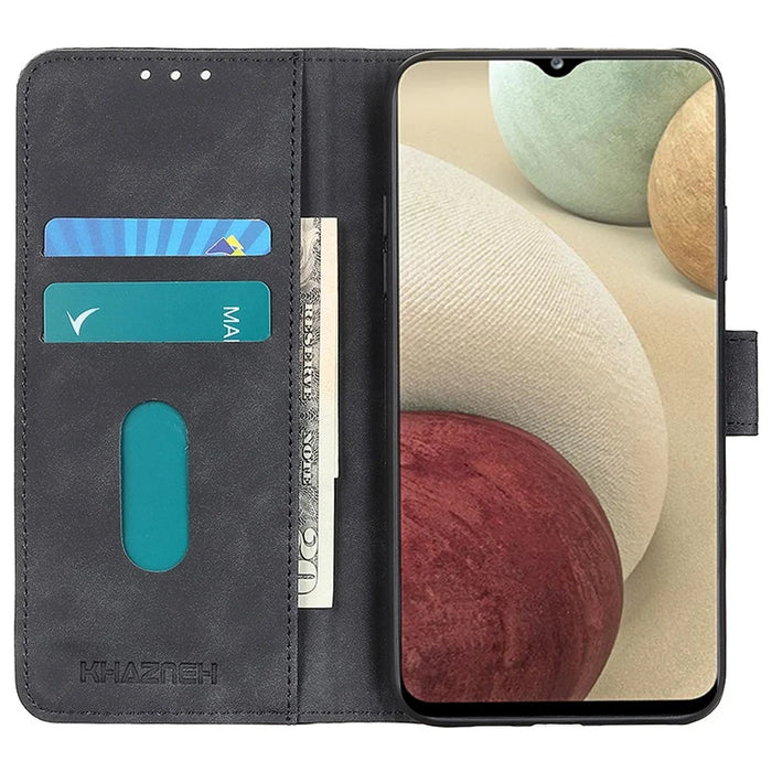 KHAZNEH Vintage Style Leather Case for Samsung Galaxy A12, Stand Feature Wallet Flip Fold Protective Cover - Black - 7
