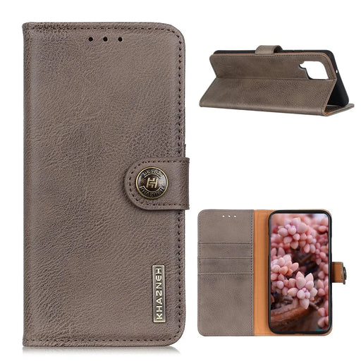 KHAZNEH Retro Style Leather Protector Stand Case for Samsung Galaxy A12 with Magnetic Clasp Closure - Khaki - 1