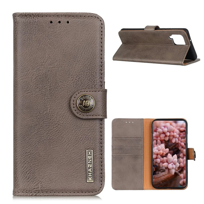 KHAZNEH Retro Style Leather Protector Stand Case for Samsung Galaxy A12 with Magnetic Clasp Closure - Khaki - 1