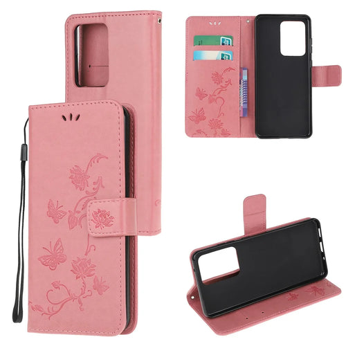 Butterfly Flowers Imprinting Leather Cover with Wallet and Case for Samsung Galaxy S21 Ultra 5G - Pink - 1