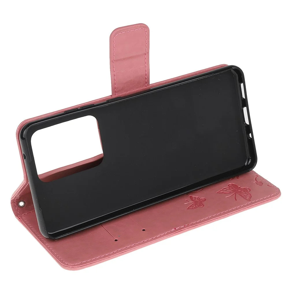 Butterfly Flowers Imprinting Leather Cover with Wallet and Case for Samsung Galaxy S21 Ultra 5G - Pink - 4