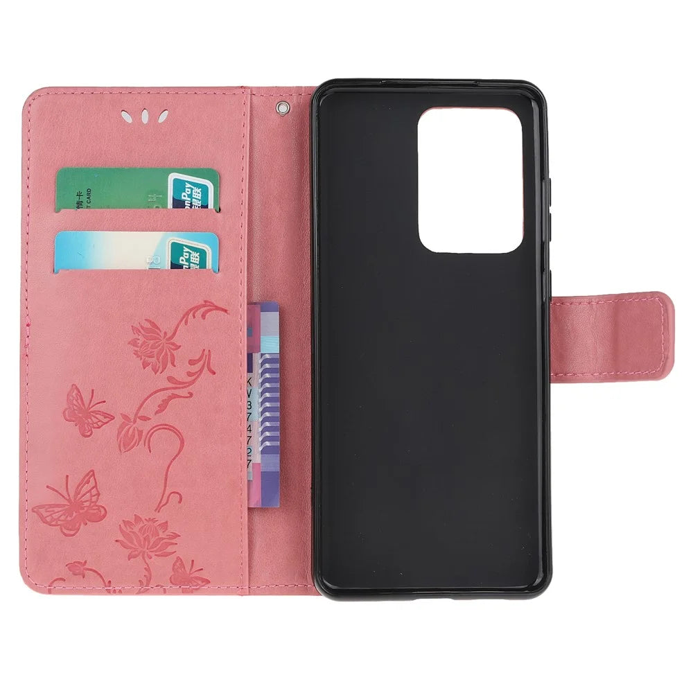 Butterfly Flowers Imprinting Leather Cover with Wallet and Case for Samsung Galaxy S21 Ultra 5G - Pink - 5