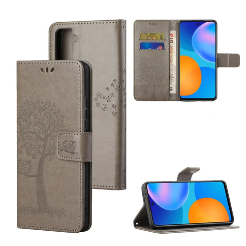 Imprint Tree Owl Wallet Leather Cover for Samsung Galaxy S21 5G/S21 4G Stand Case - Grey - 1