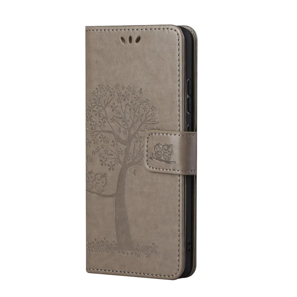 Imprint Tree Owl Wallet Leather Cover for Samsung Galaxy S21 5G/S21 4G Stand Case - Grey - 3