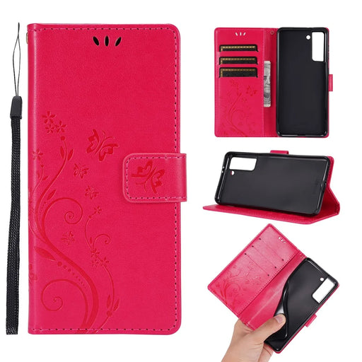 Butterfly Flower Imprinting Leather Wallet Phone Stand Case with Wrist Strap for Samsung Galaxy S21 5G/S21 4G - Red - 1