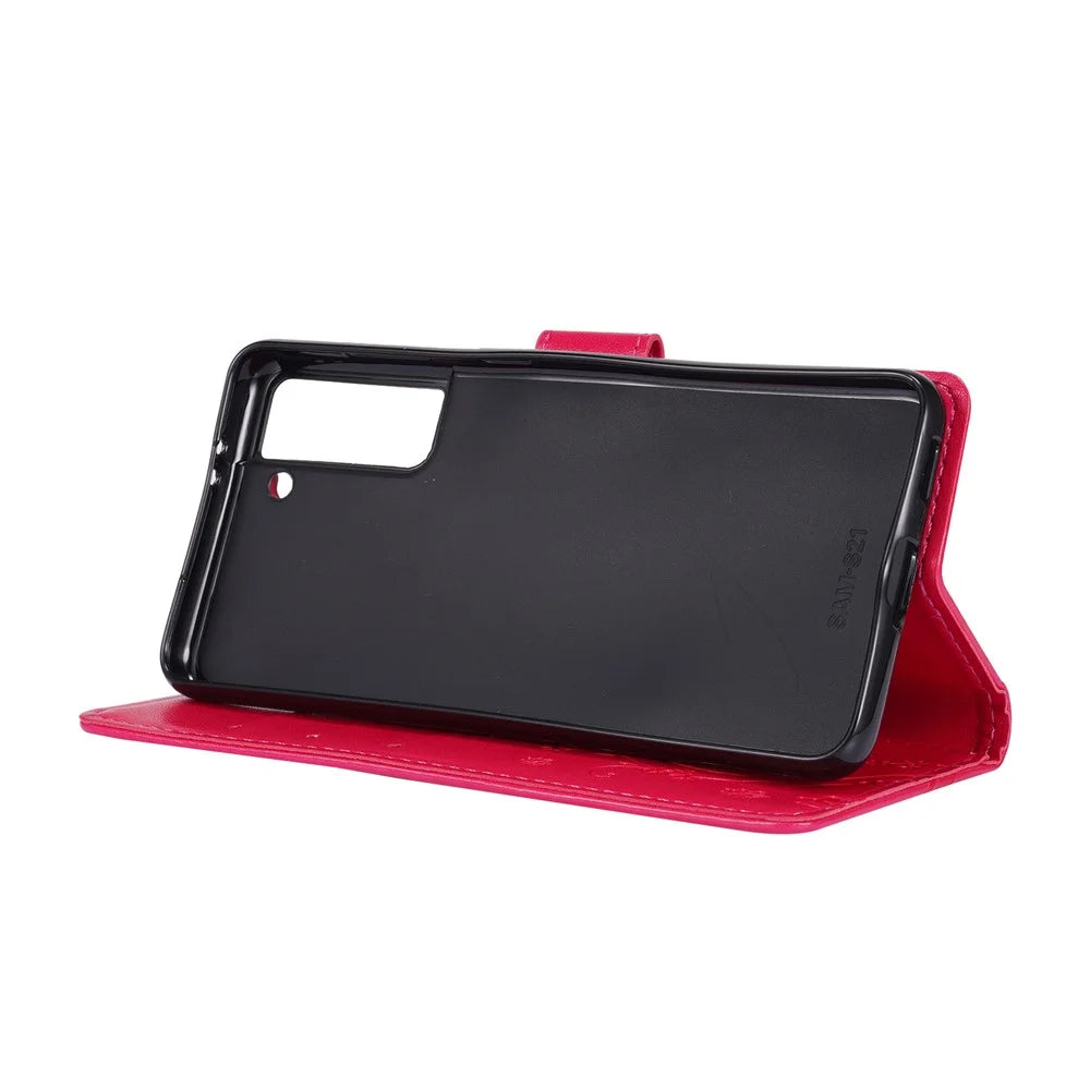 Butterfly Flower Imprinting Leather Wallet Phone Stand Case with Wrist Strap for Samsung Galaxy S21 5G/S21 4G - Red - 4