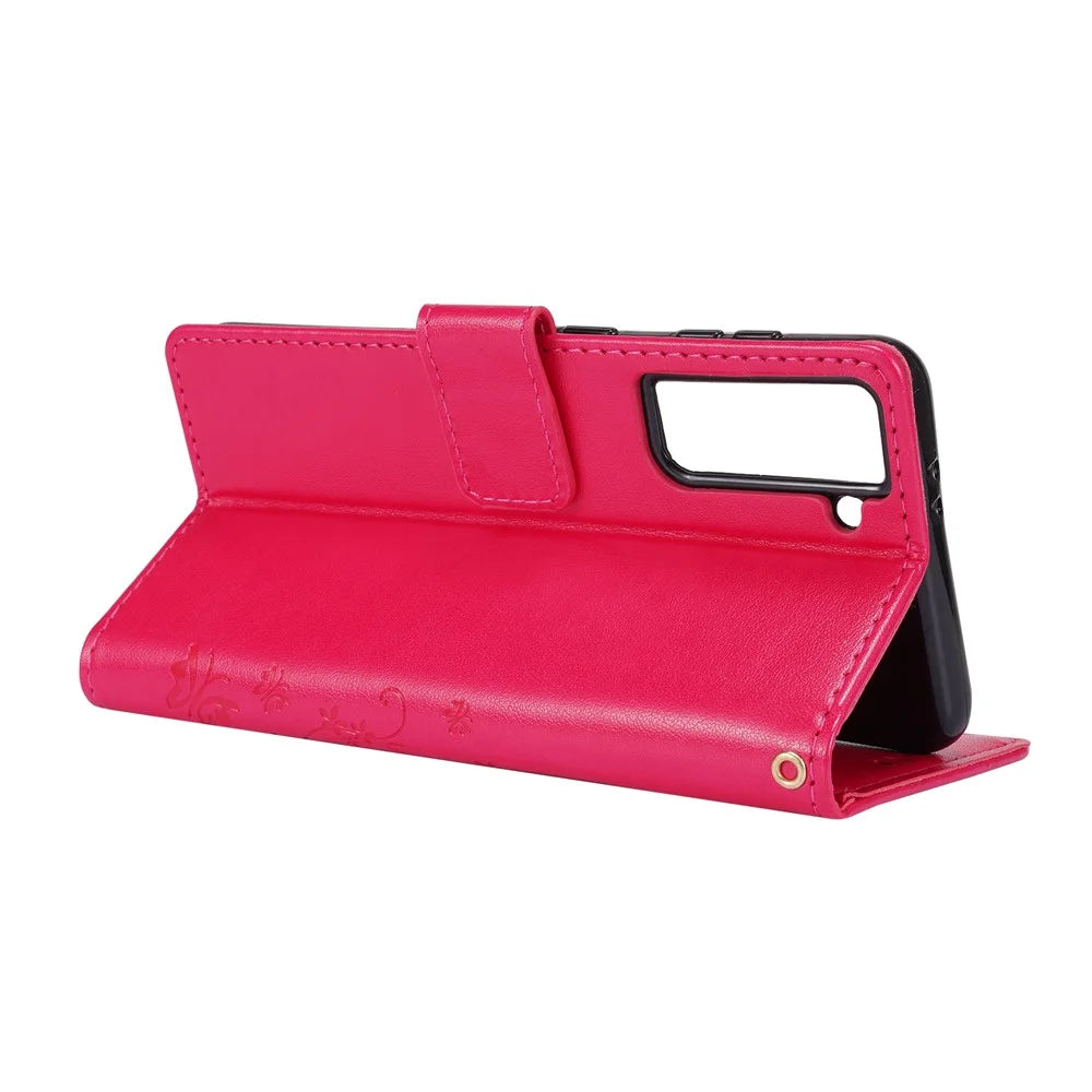 Butterfly Flower Imprinting Leather Wallet Phone Stand Case with Wrist Strap for Samsung Galaxy S21 5G/S21 4G - Red - 5