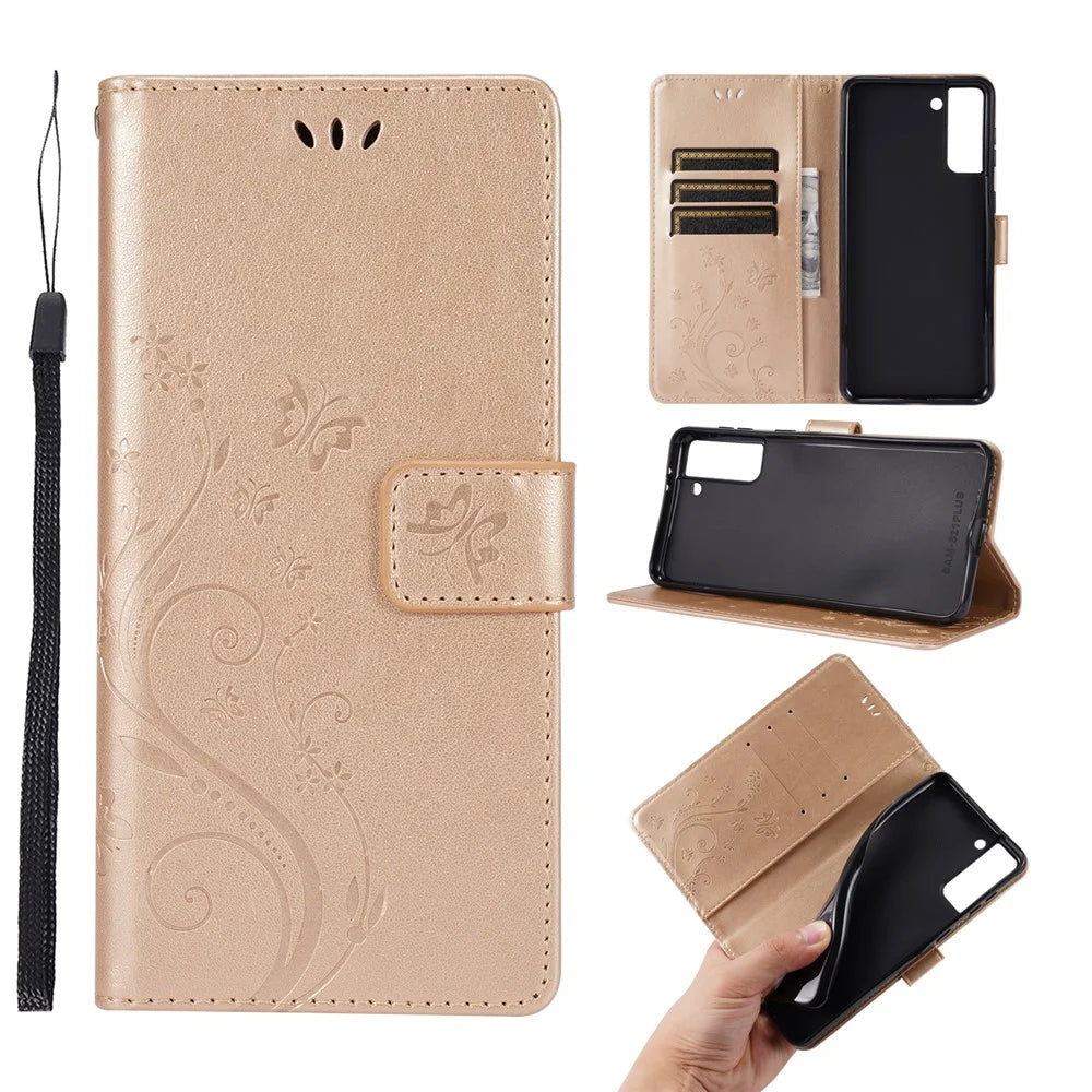 Leather Wallet Phone Case + Wrist Strap with Butterfly Flower Imprinting for Samsung Galaxy S21 Plus 5G - Gold - 1
