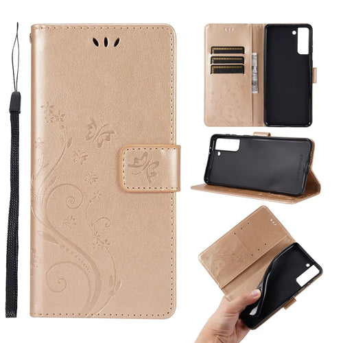 Leather Wallet Phone Case + Wrist Strap with Butterfly Flower Imprinting for Samsung Galaxy S21 Plus 5G - Gold - 1