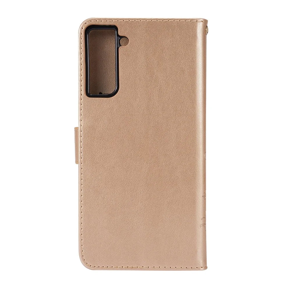 Leather Wallet Phone Case + Wrist Strap with Butterfly Flower Imprinting for Samsung Galaxy S21 Plus 5G - Gold - 2