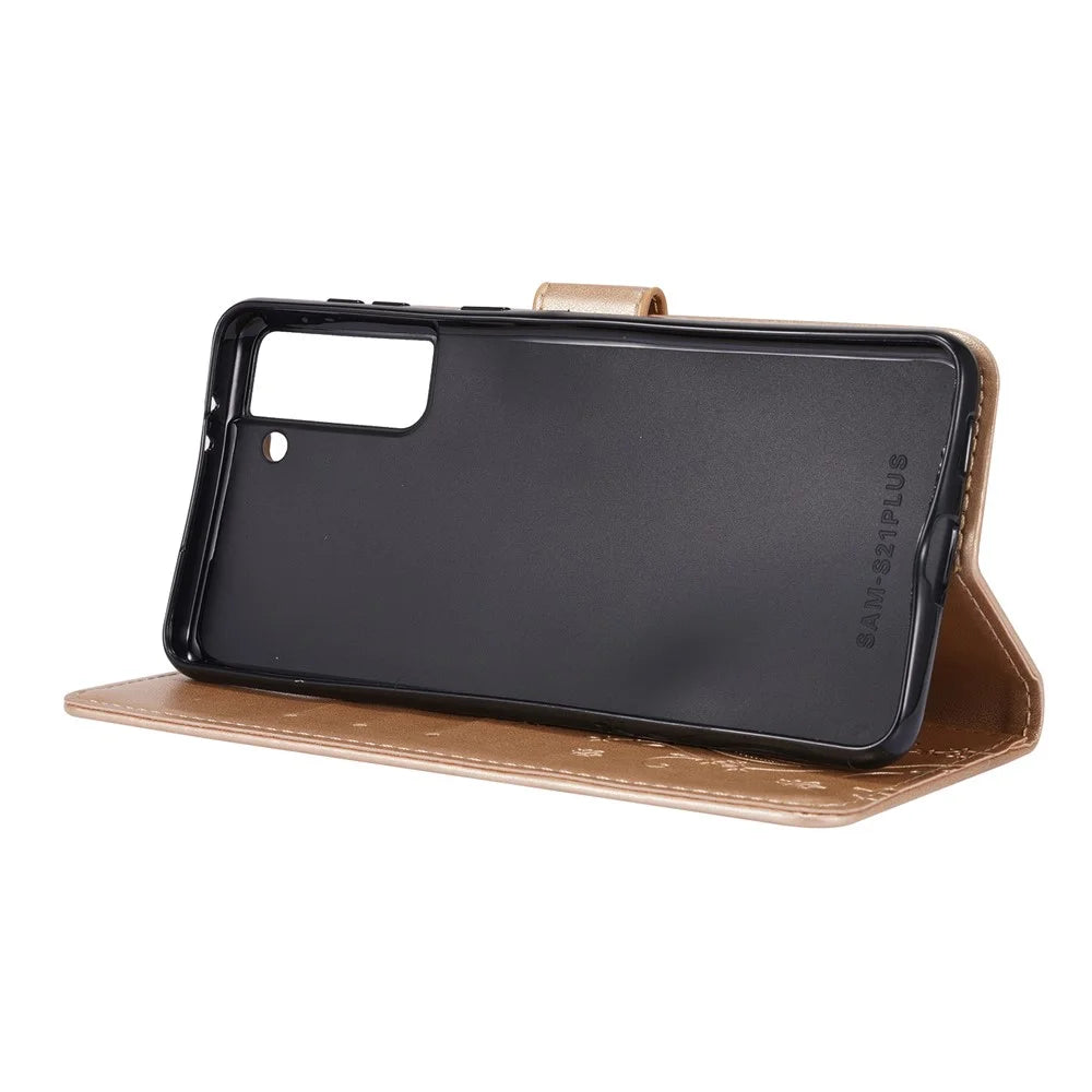 Leather Wallet Phone Case + Wrist Strap with Butterfly Flower Imprinting for Samsung Galaxy S21 Plus 5G - Gold - 3