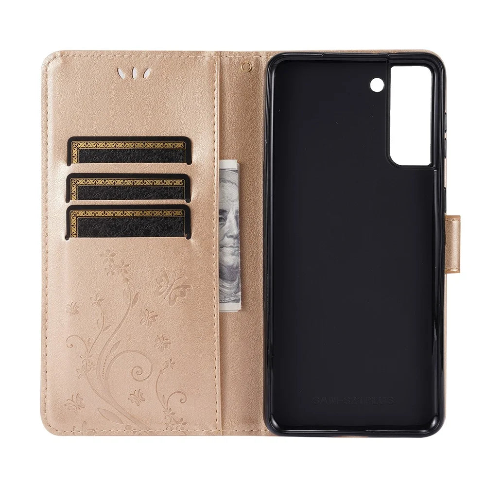Leather Wallet Phone Case + Wrist Strap with Butterfly Flower Imprinting for Samsung Galaxy S21 Plus 5G - Gold - 5