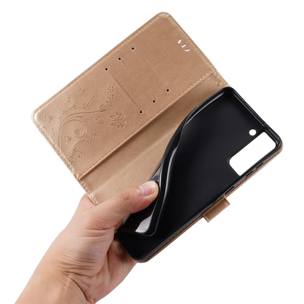 Leather Wallet Phone Case + Wrist Strap with Butterfly Flower Imprinting for Samsung Galaxy S21 Plus 5G - Gold - 6