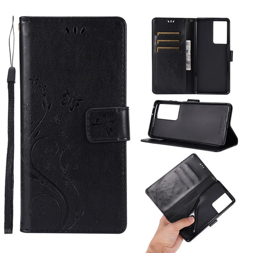Butterfly Flower Imprinting Leather Case with Wrist Strap for Samsung Galaxy S21 Ultra 5G - Black - 1