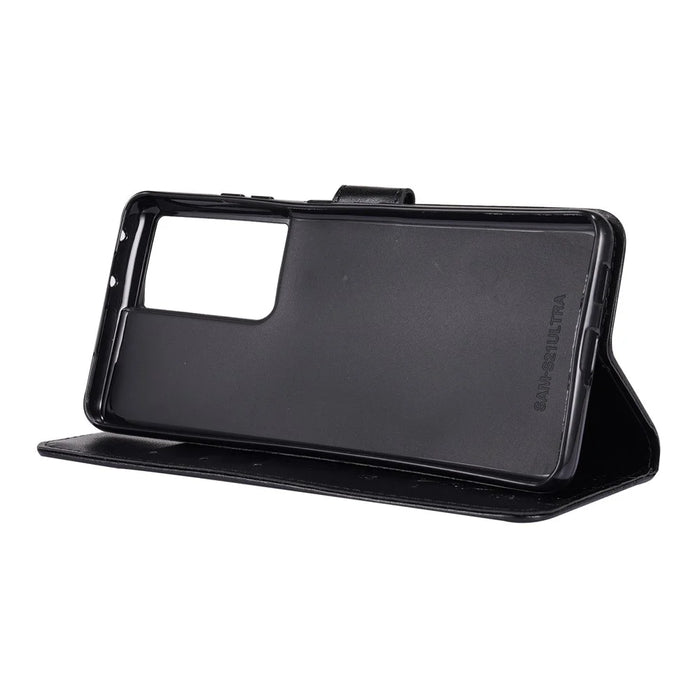Butterfly Flower Imprinting Leather Case with Wrist Strap for Samsung Galaxy S21 Ultra 5G - Black - 3