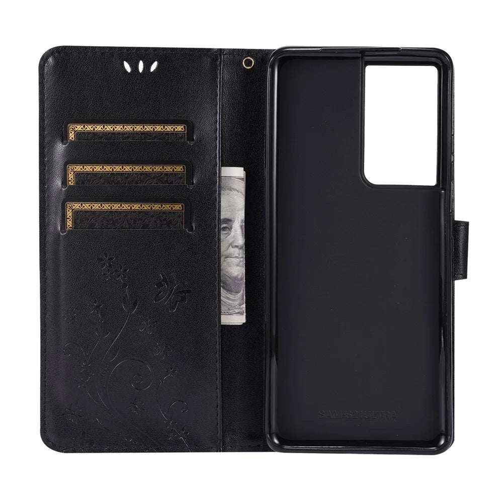 Butterfly Flower Imprinting Leather Case with Wrist Strap for Samsung Galaxy S21 Ultra 5G - Black - 5
