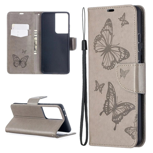 Imprint Butterflies Pattern Wallet Stand Leather Cover for Samsung Galaxy S21 Ultra 5G - Grey - 1