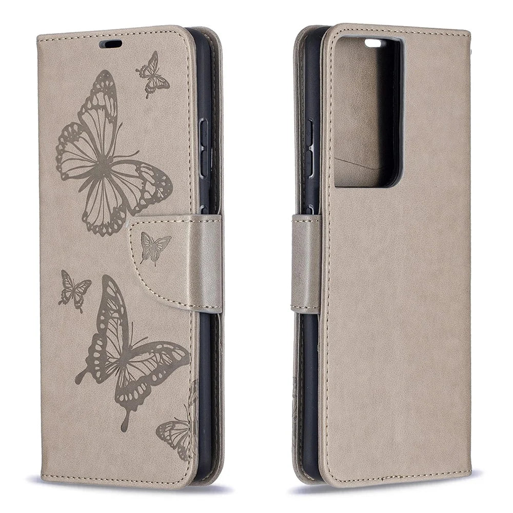 Imprint Butterflies Pattern Wallet Stand Leather Cover for Samsung Galaxy S21 Ultra 5G - Grey - 2
