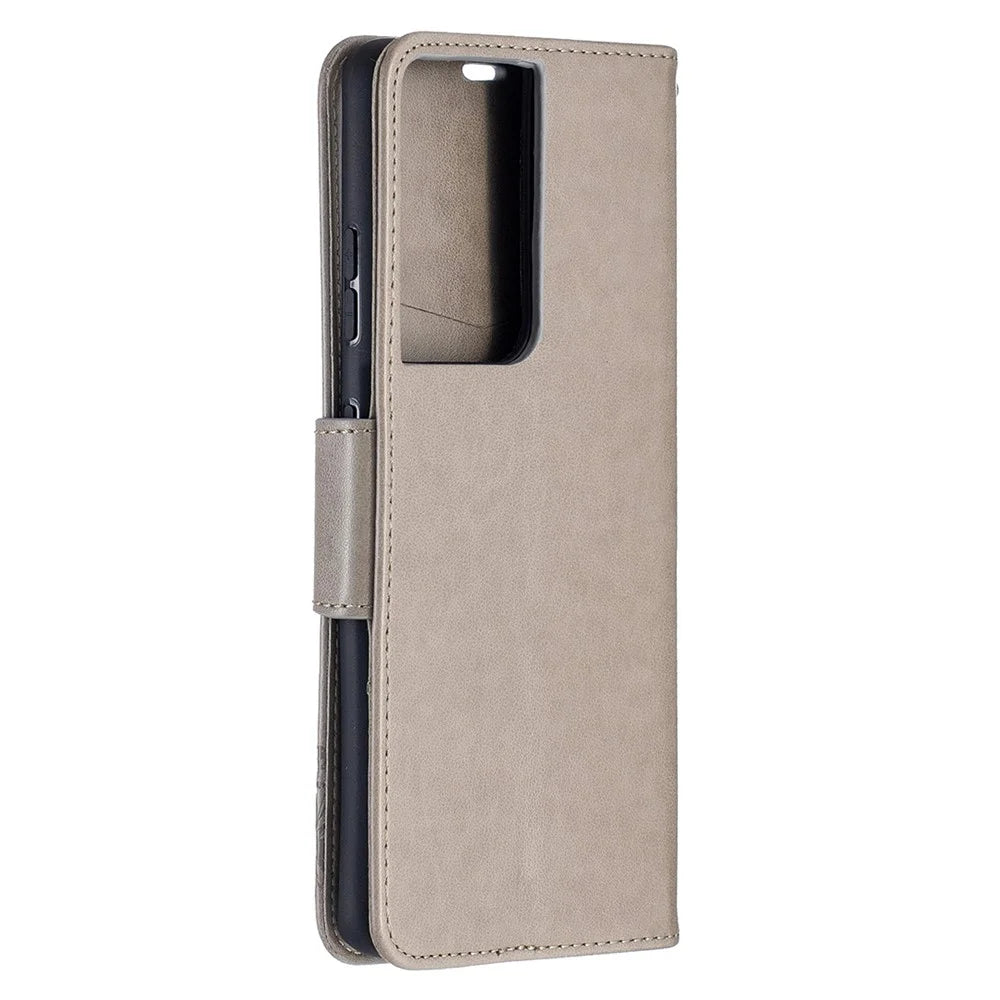 Imprint Butterflies Pattern Wallet Stand Leather Cover for Samsung Galaxy S21 Ultra 5G - Grey - 4