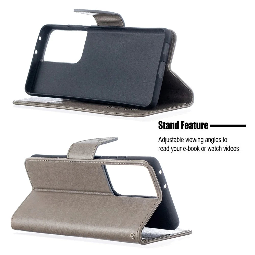 Imprint Butterflies Pattern Wallet Stand Leather Cover for Samsung Galaxy S21 Ultra 5G - Grey - 5