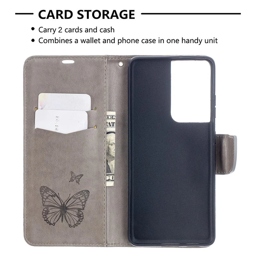 Imprint Butterflies Pattern Wallet Stand Leather Cover for Samsung Galaxy S21 Ultra 5G - Grey - 6
