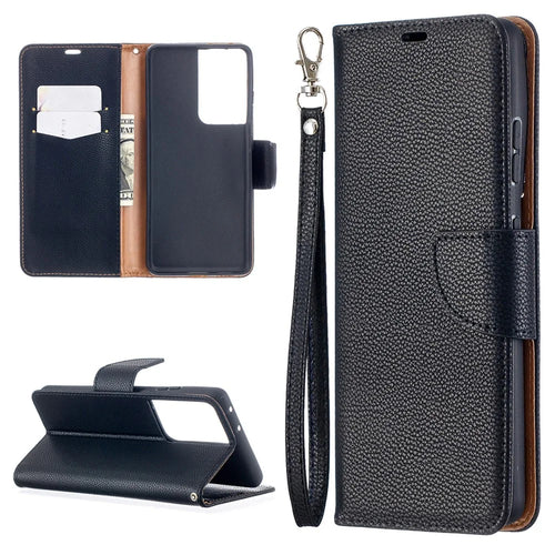 Litchi Skin Wallet Leather Stand Cover Case for Samsung Galaxy S21 Ultra 5G - Black - 1