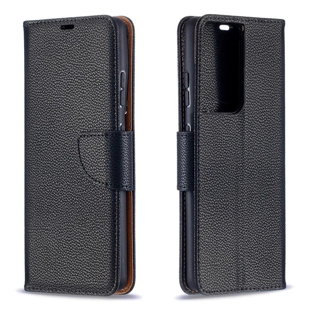 Litchi Skin Wallet Leather Stand Cover Case for Samsung Galaxy S21 Ultra 5G - Black - 2