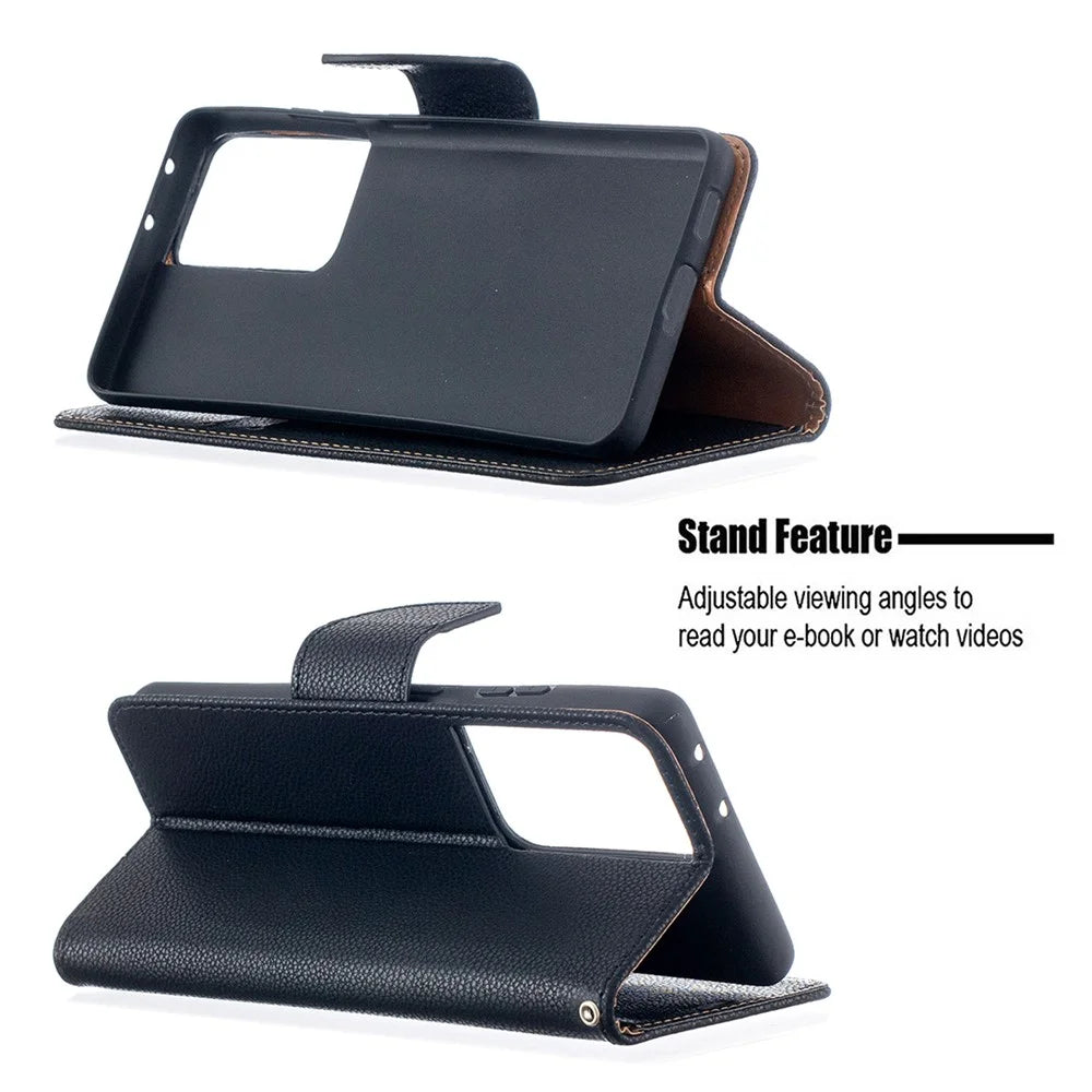 Litchi Skin Wallet Leather Stand Cover Case for Samsung Galaxy S21 Ultra 5G - Black - 5