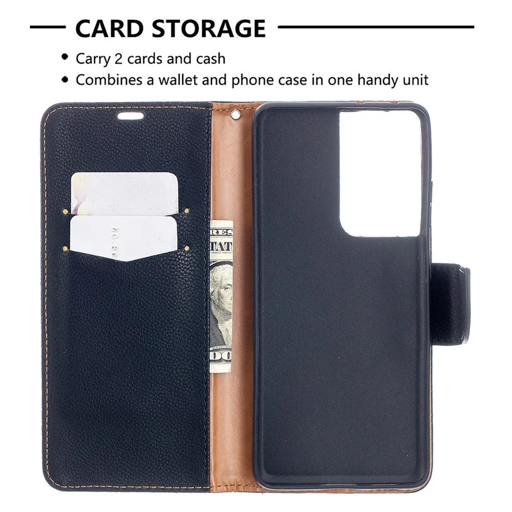 Litchi Skin Wallet Leather Stand Cover Case for Samsung Galaxy S21 Ultra 5G - Black - 6