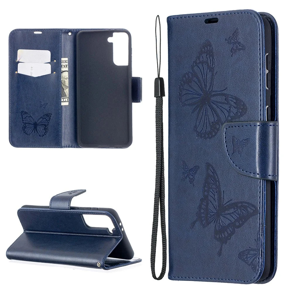 Imprint Butterflies Pattern Wallet Stand Leather Phone Cover for Samsung Galaxy S21+ 5G - Dark Blue - 1