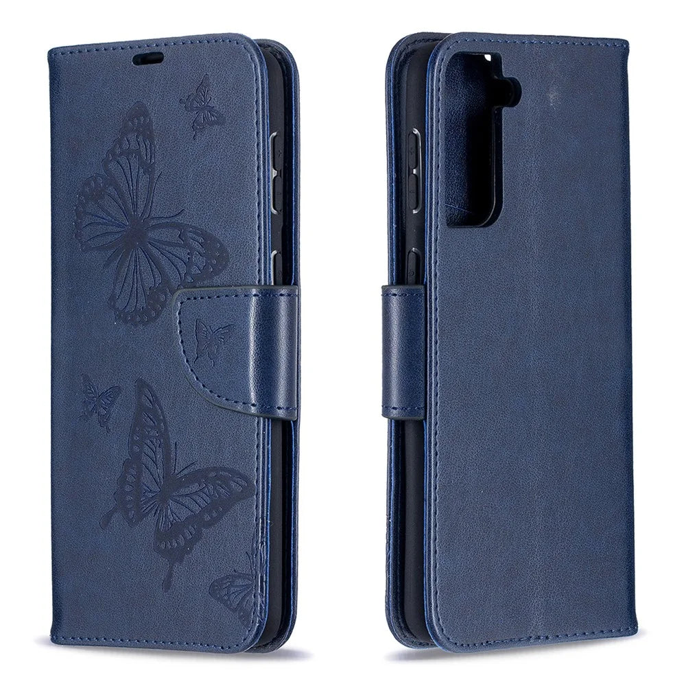 Imprint Butterflies Pattern Wallet Stand Leather Phone Cover for Samsung Galaxy S21+ 5G - Dark Blue - 4