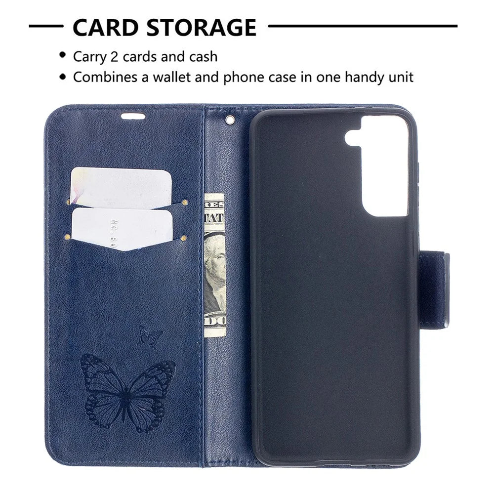 Imprint Butterflies Pattern Wallet Stand Leather Phone Cover for Samsung Galaxy S21+ 5G - Dark Blue - 6