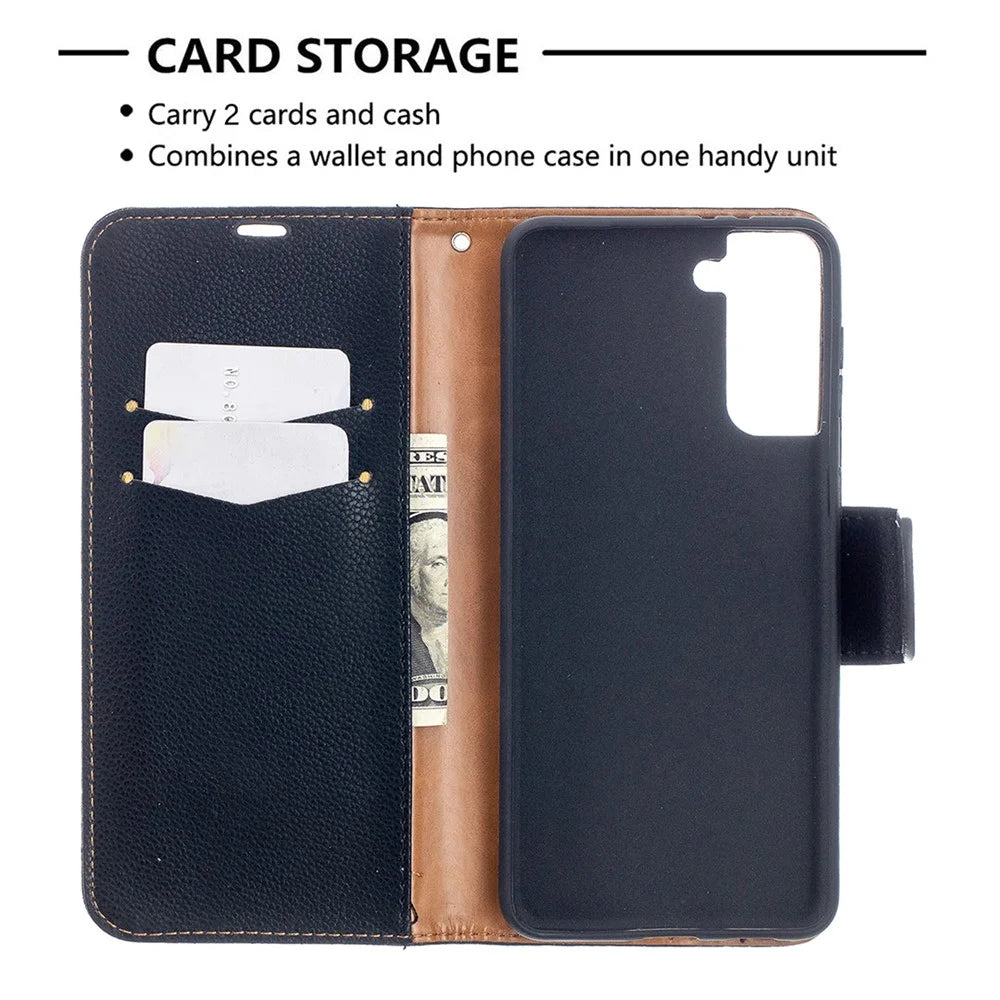 Litchi Texture with Wallet Leather Stand Case for Samsung Galaxy S21+ 5G - Black - 6
