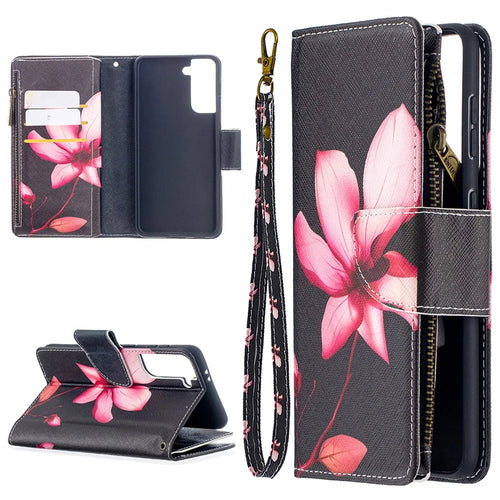 BF03 Pattern Printing Leather Phone Shell with Zipper Pocket Wallet for Samsung Galaxy S21 5G / S21 4G - Vivid Flower - 1