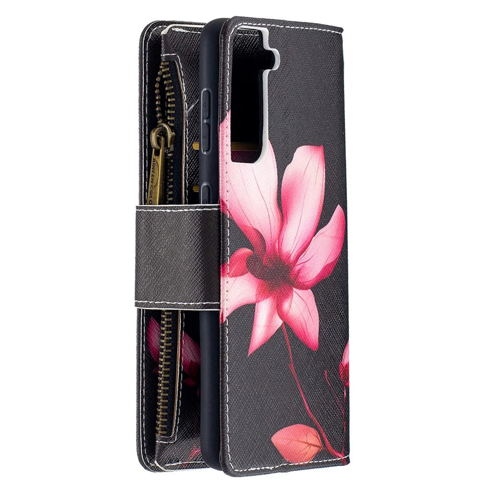 BF03 Pattern Printing Leather Phone Shell with Zipper Pocket Wallet for Samsung Galaxy S21 5G / S21 4G - Vivid Flower - 3