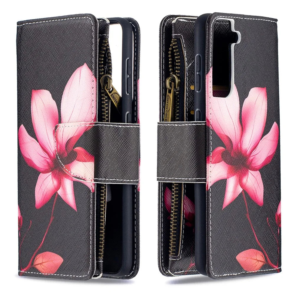 BF03 Pattern Printing Leather Phone Shell with Zipper Pocket Wallet for Samsung Galaxy S21 5G / S21 4G - Vivid Flower - 4