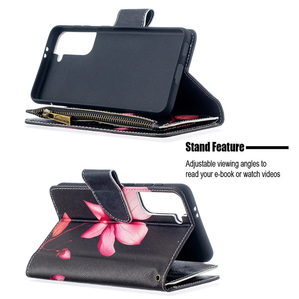 BF03 Pattern Printing Leather Phone Shell with Zipper Pocket Wallet for Samsung Galaxy S21 5G / S21 4G - Vivid Flower - 5