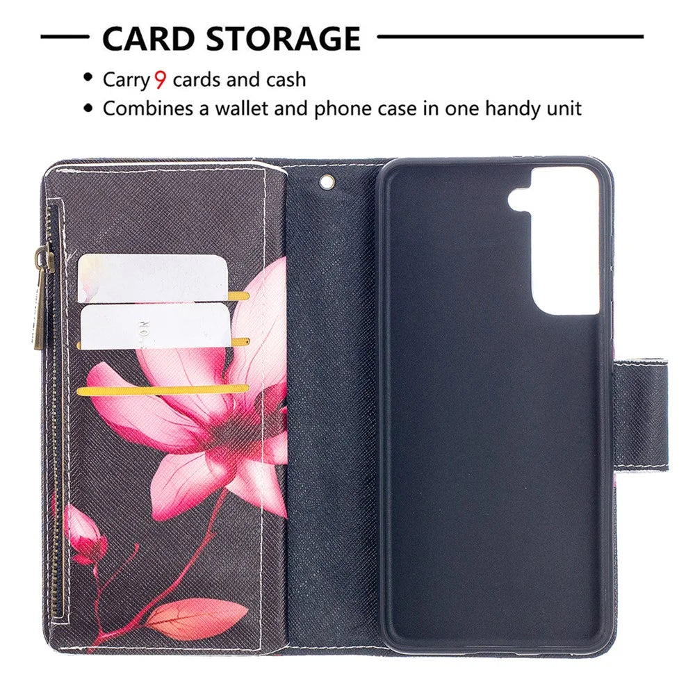 BF03 Pattern Printing Leather Phone Shell with Zipper Pocket Wallet for Samsung Galaxy S21 5G / S21 4G - Vivid Flower - 6