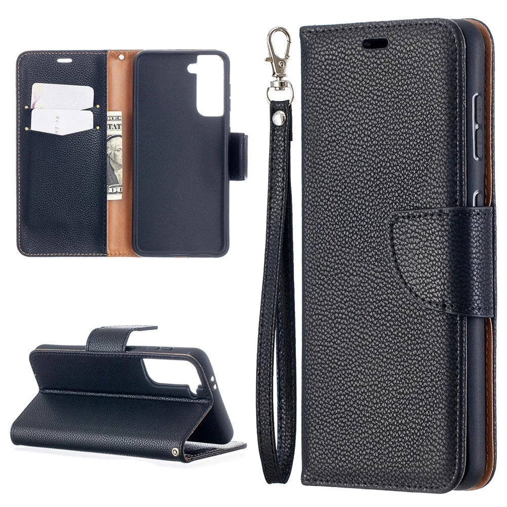 Litchi Surface with Wallet Leather Stand Phone Case for Samsung Galaxy S21 5G/S21 4G - Black - 1