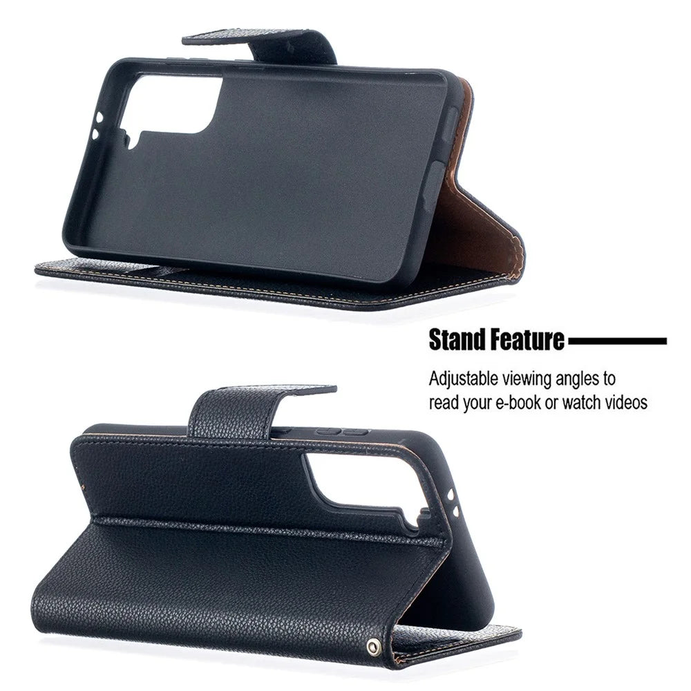 Litchi Surface with Wallet Leather Stand Phone Case for Samsung Galaxy S21 5G/S21 4G - Black - 5
