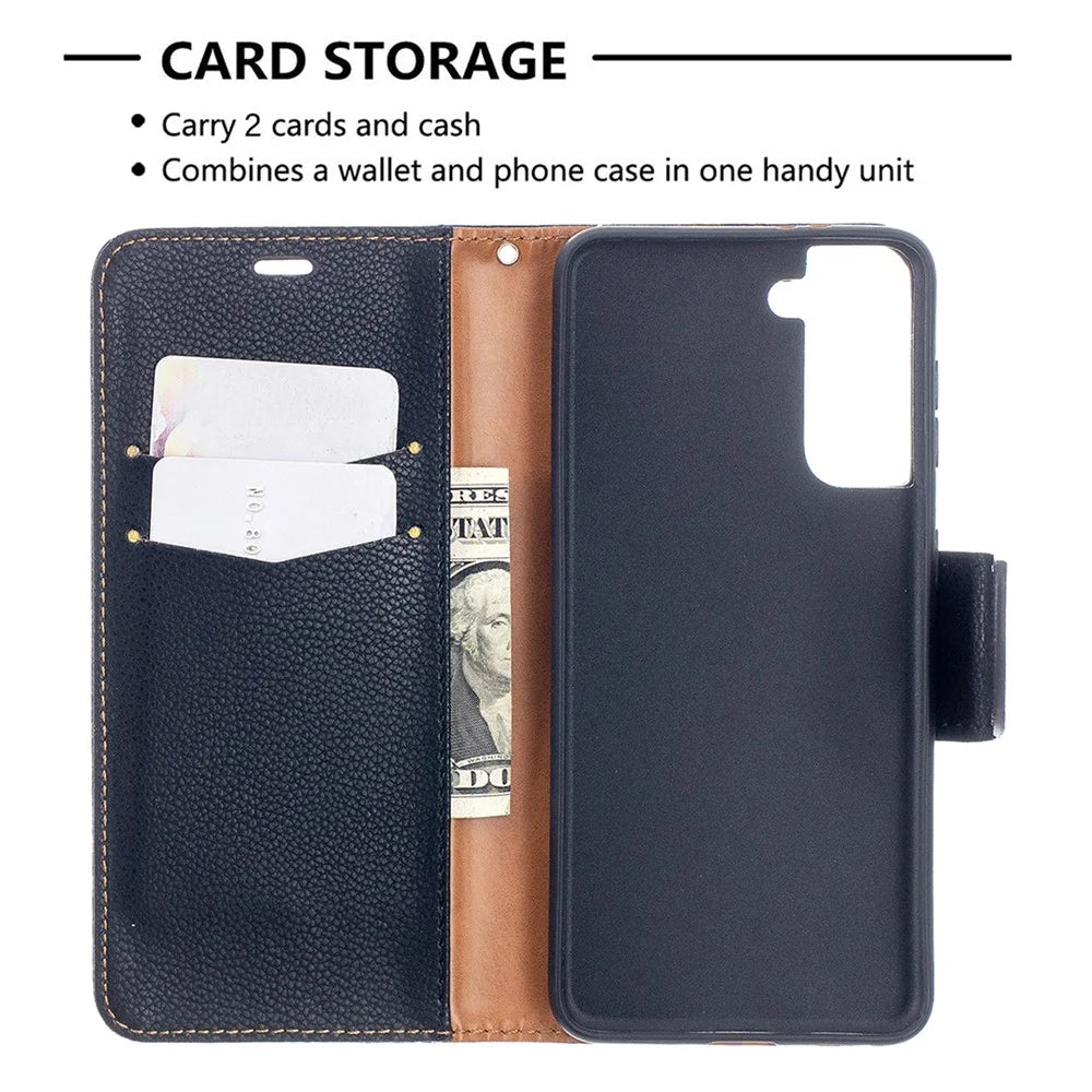 Litchi Surface with Wallet Leather Stand Phone Case for Samsung Galaxy S21 5G/S21 4G - Black - 6
