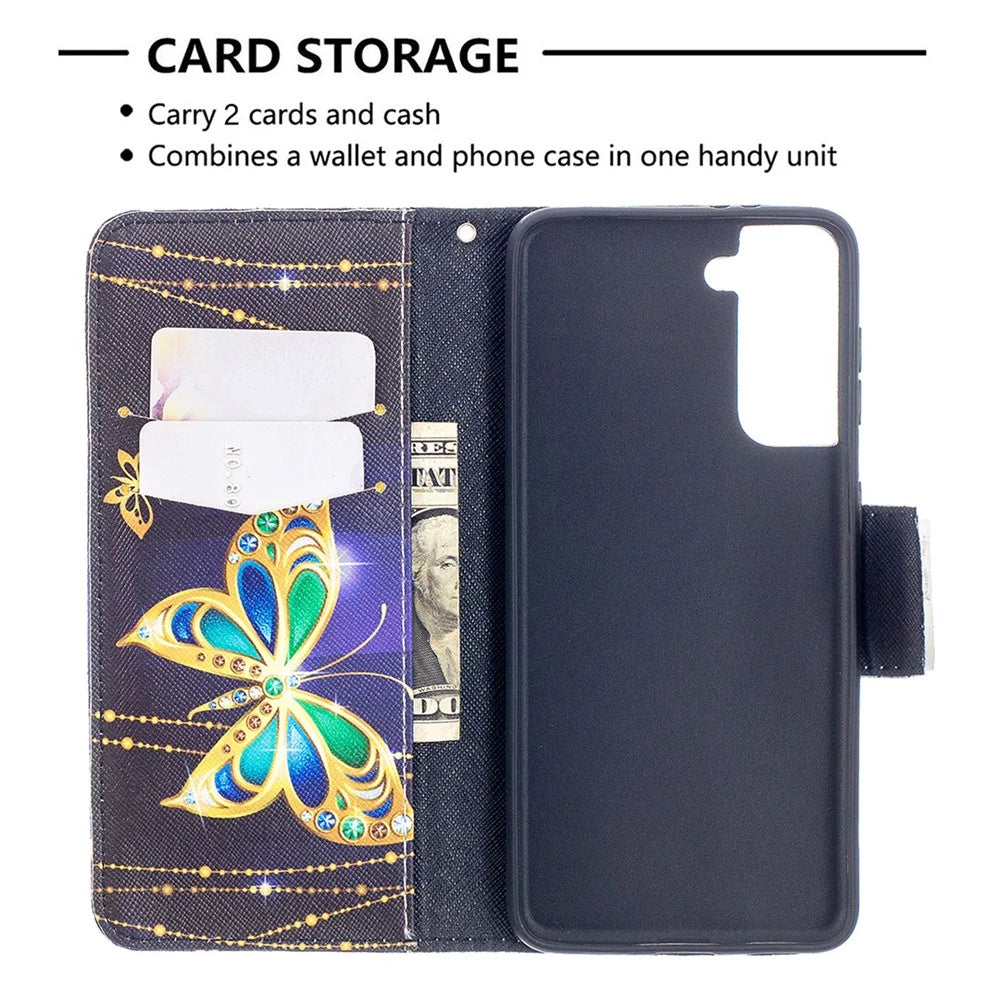 Pattern Printing Phone Cover Wallet Leather Case for Samsung Galaxy S21 5G/S21 4G - Butterfly - 6