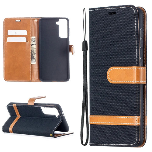 Color Splicing Jeans Cloth Skin Wallet Leather Phone Shell for Samsung Galaxy S21 4G/5G - Black - 1