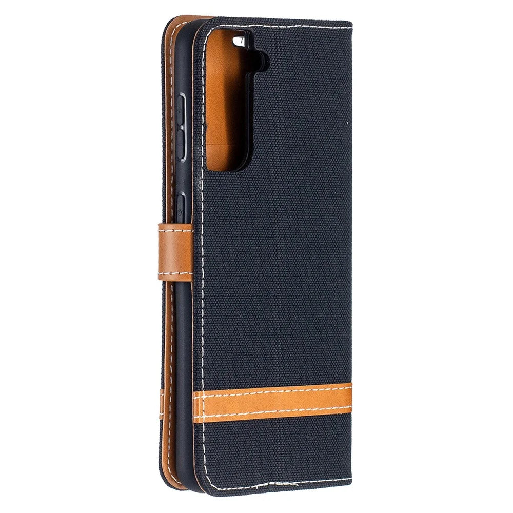 Color Splicing Jeans Cloth Skin Wallet Leather Phone Shell for Samsung Galaxy S21 4G/5G - Black - 3