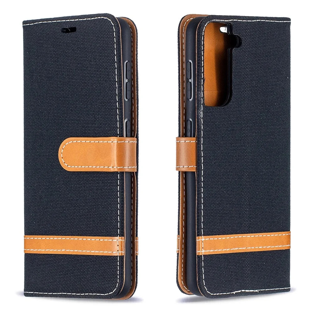 Color Splicing Jeans Cloth Skin Wallet Leather Phone Shell for Samsung Galaxy S21 4G/5G - Black - 4